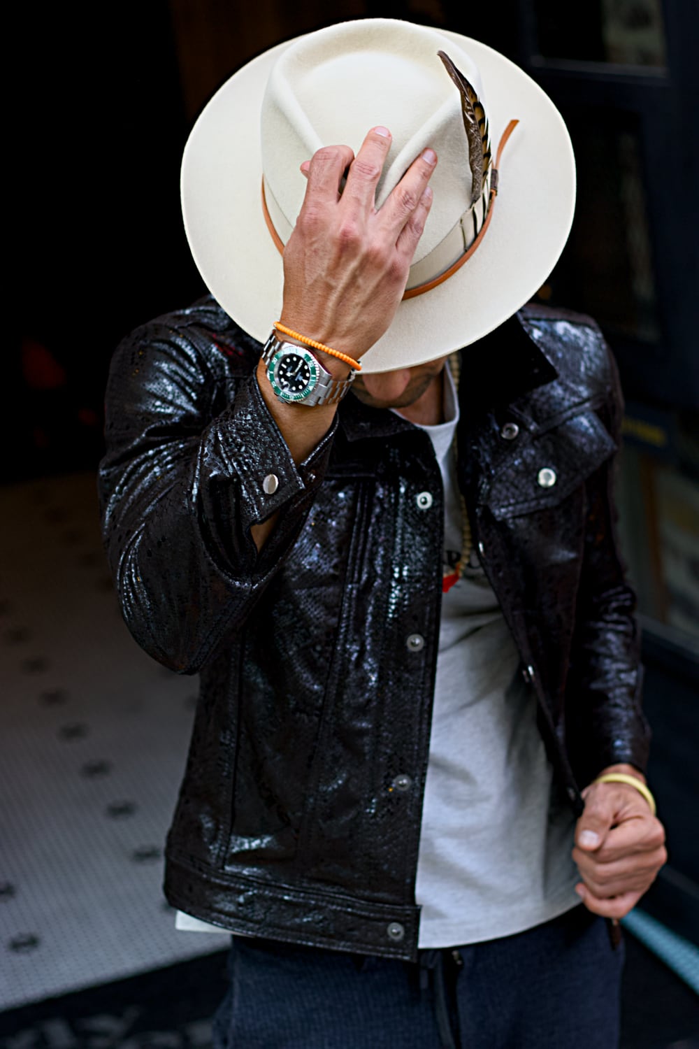 SNK Shiny Snake embossed Trucker Jacket in Black Leather -