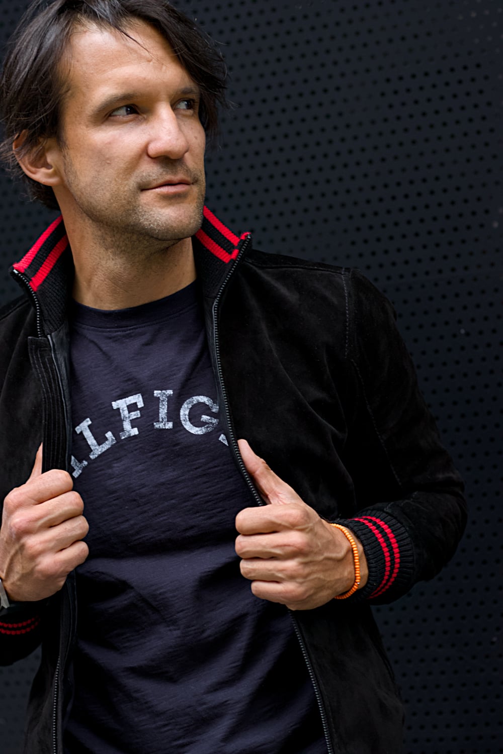 CHICAGO II Bomber Jacket in Suede - Black - Red Stripes