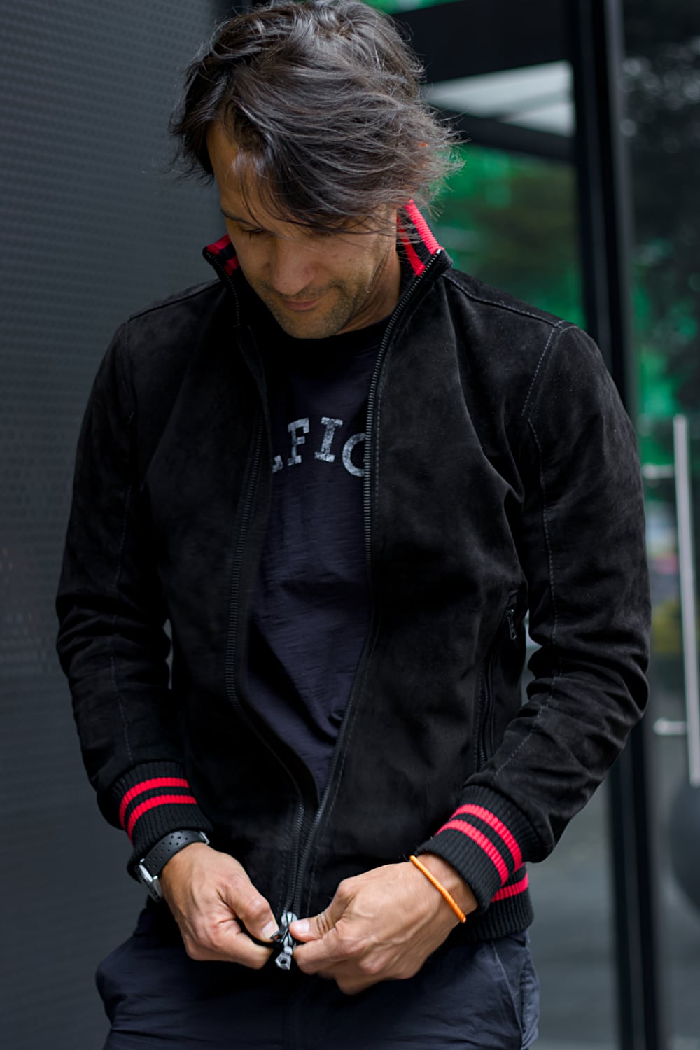 CHICAGO II Bomber Jacket in Suede - Black - Red Stripes