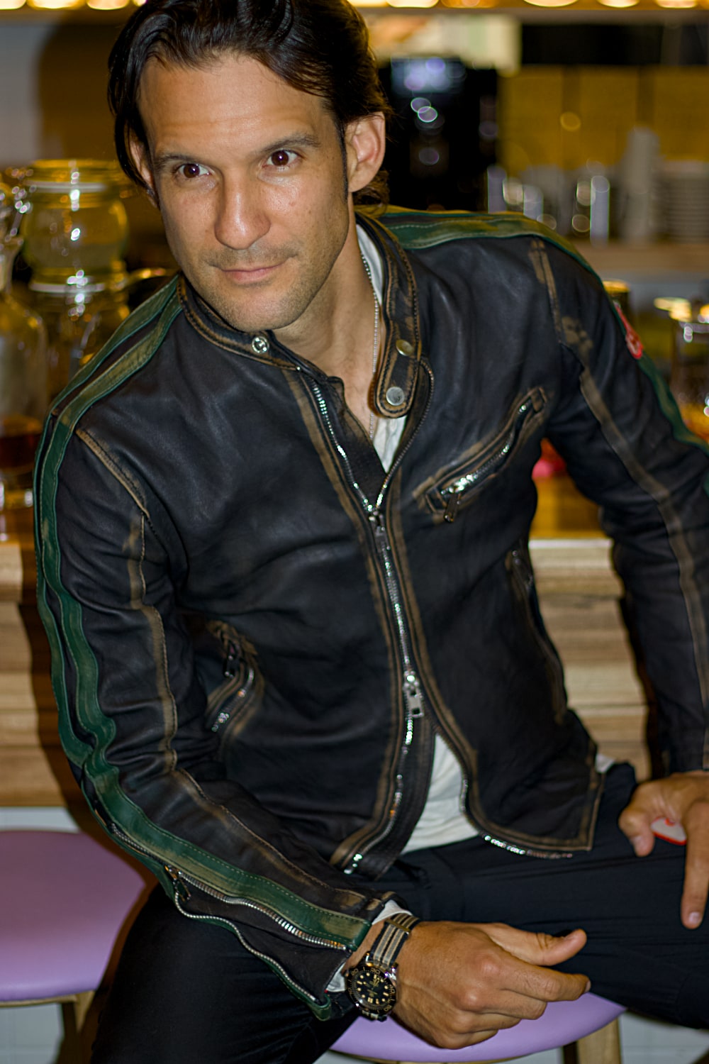 R80 Leather Jacket Vintage HEUER Edition Metallic Zippers Mens Distressed Black with Green