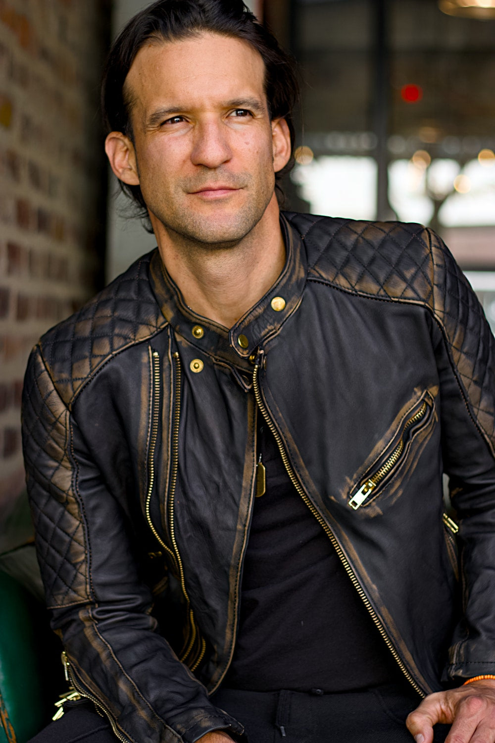 GOLD 25 Leather Jacket Distressed Black Quilted with abstract inside Mens