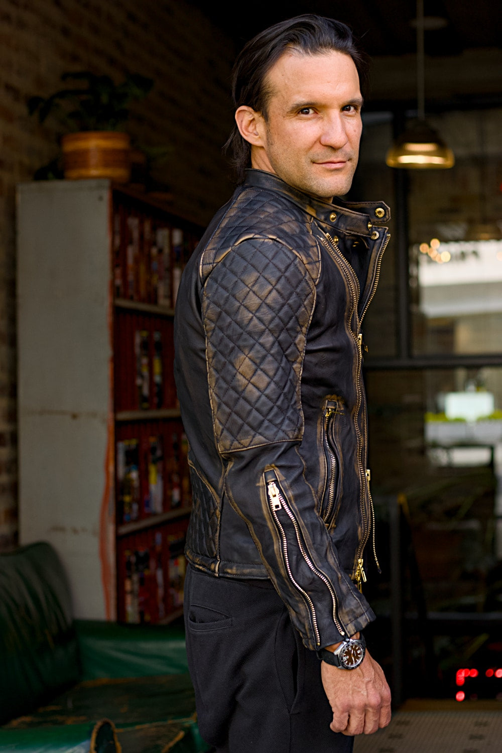GOLD 25 Leather Jacket Distressed Black Quilted with abstract inside Mens