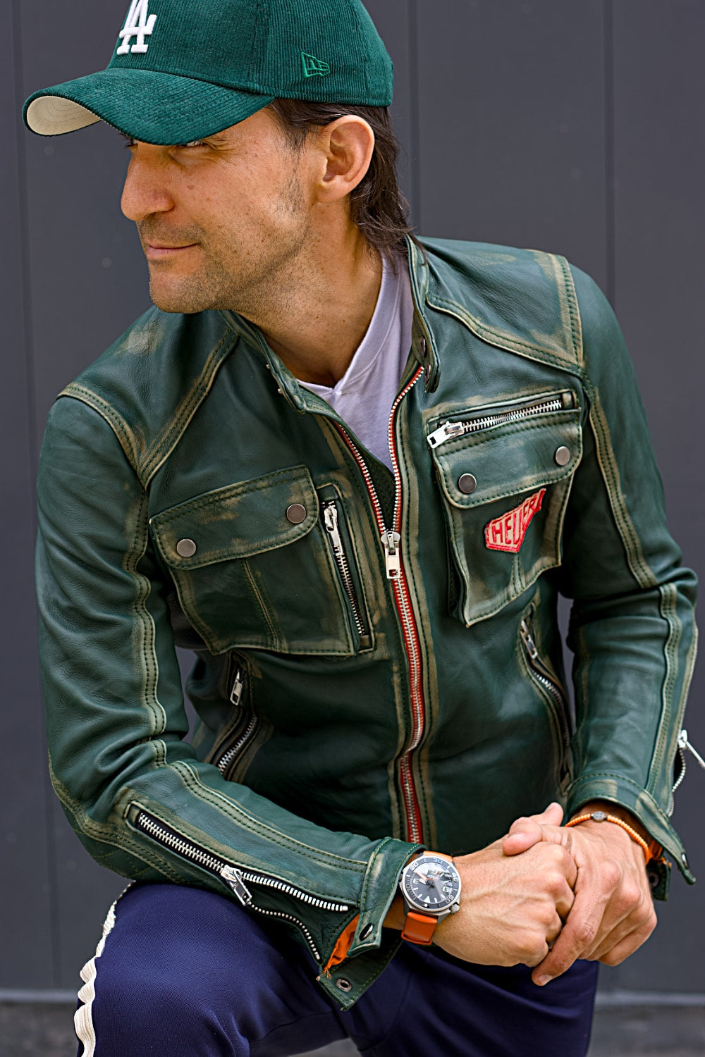 MI6 Vintage Mens HEUER Edition Metallic Zippers Mens Distressed Green