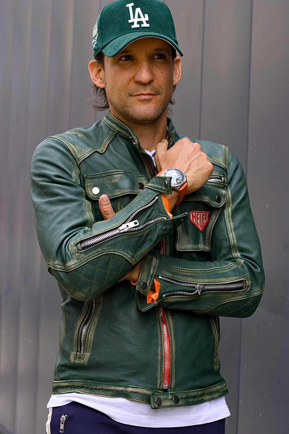 MI6 Vintage Mens HEUER Edition Metallic Zippers Mens Distressed Green