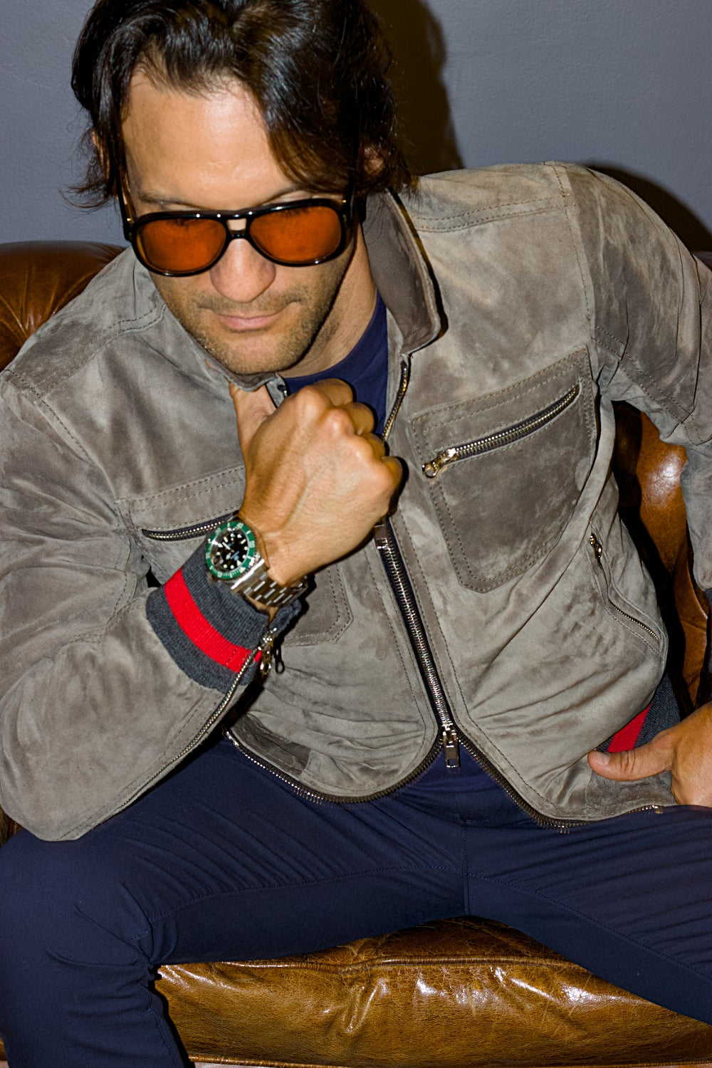 LONDON AIR Light Suede Jacket Taupe Color Red Stripes Ribbing Metallic Zippers - Mens