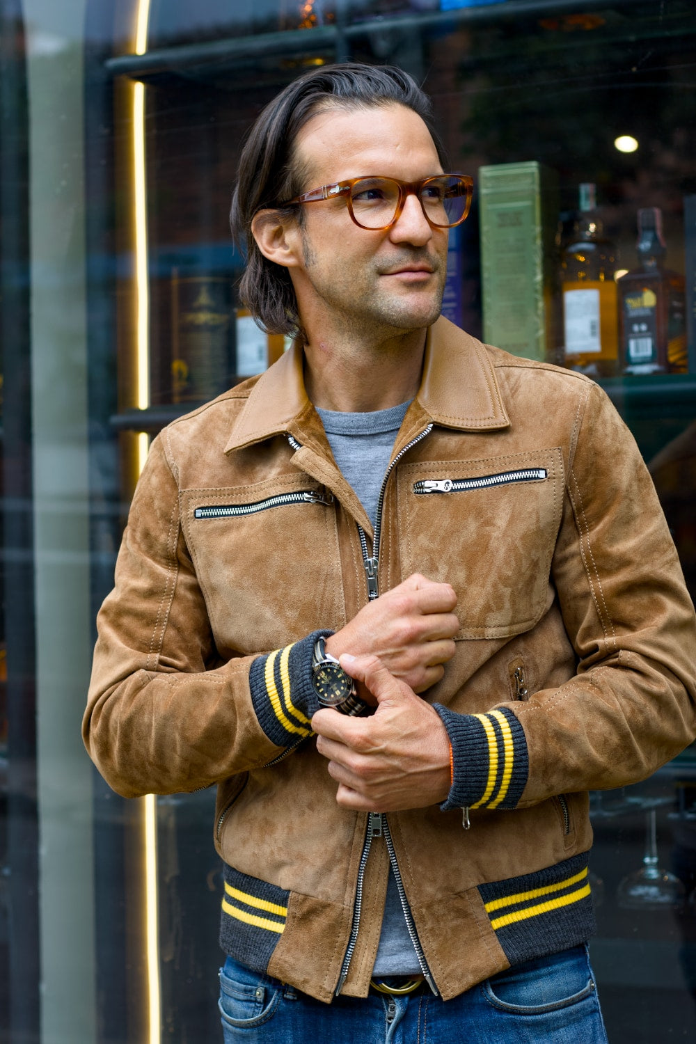 LONDON AIR Light Suede Jacket Camel Color Yellow Stripes Ribbing Metallic Zippers - Mens