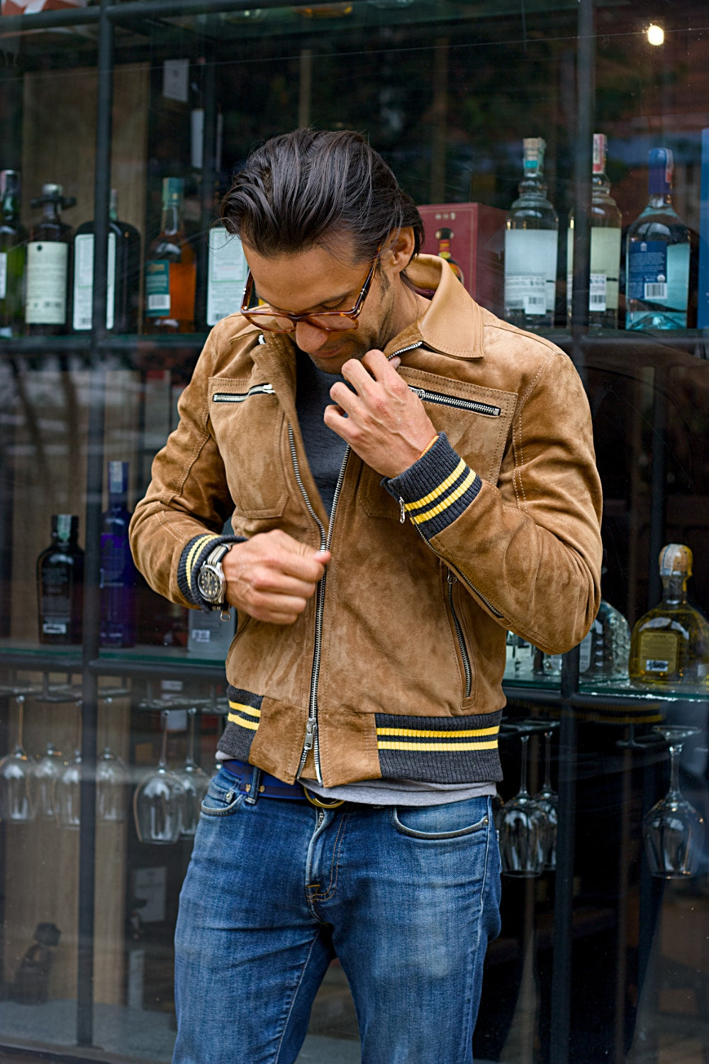 LONDON AIR Light Suede Jacket Camel Color Yellow Stripes Ribbing Metallic Zippers - Mens