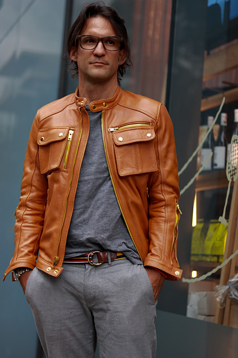 Mi6 Leather Jacket in Burgundy with gold zippers yellow accents