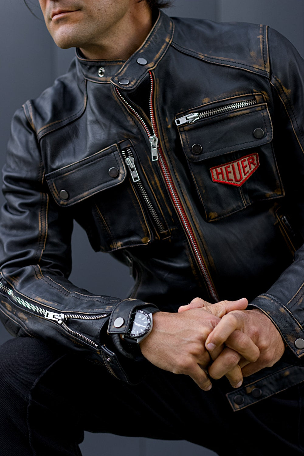 MI6 Vintage Mens HEUER Edition Metallic Zippers Mens Distressed Black