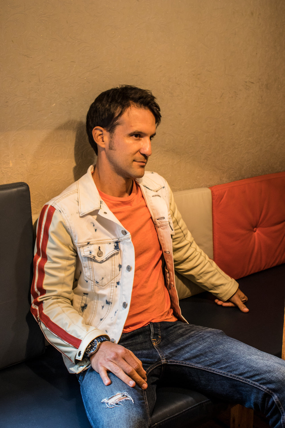 LEVI'S REMAKE- Jean & Leather Jacket White Denim / Cream Leather Sleeves Stripes