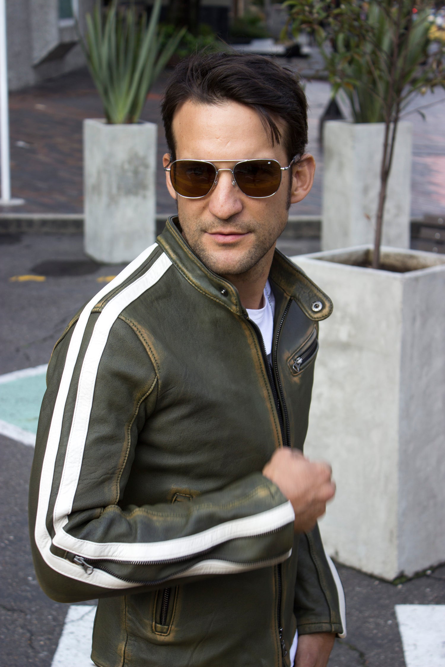R80 EX Leather Jacket - Stripes - Washed Military Green - PDCollection Leatherwear - Online Shop