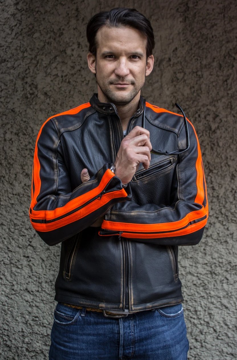 R80X Leather Jacket - Vivid Orange Stripes - Washed Distressed Black - Limited