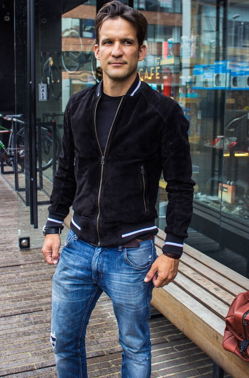 CHICAGO Bomber Jacket in Suede - Black - Baseball White Stripes - PDCollection Leatherwear - Online Shop