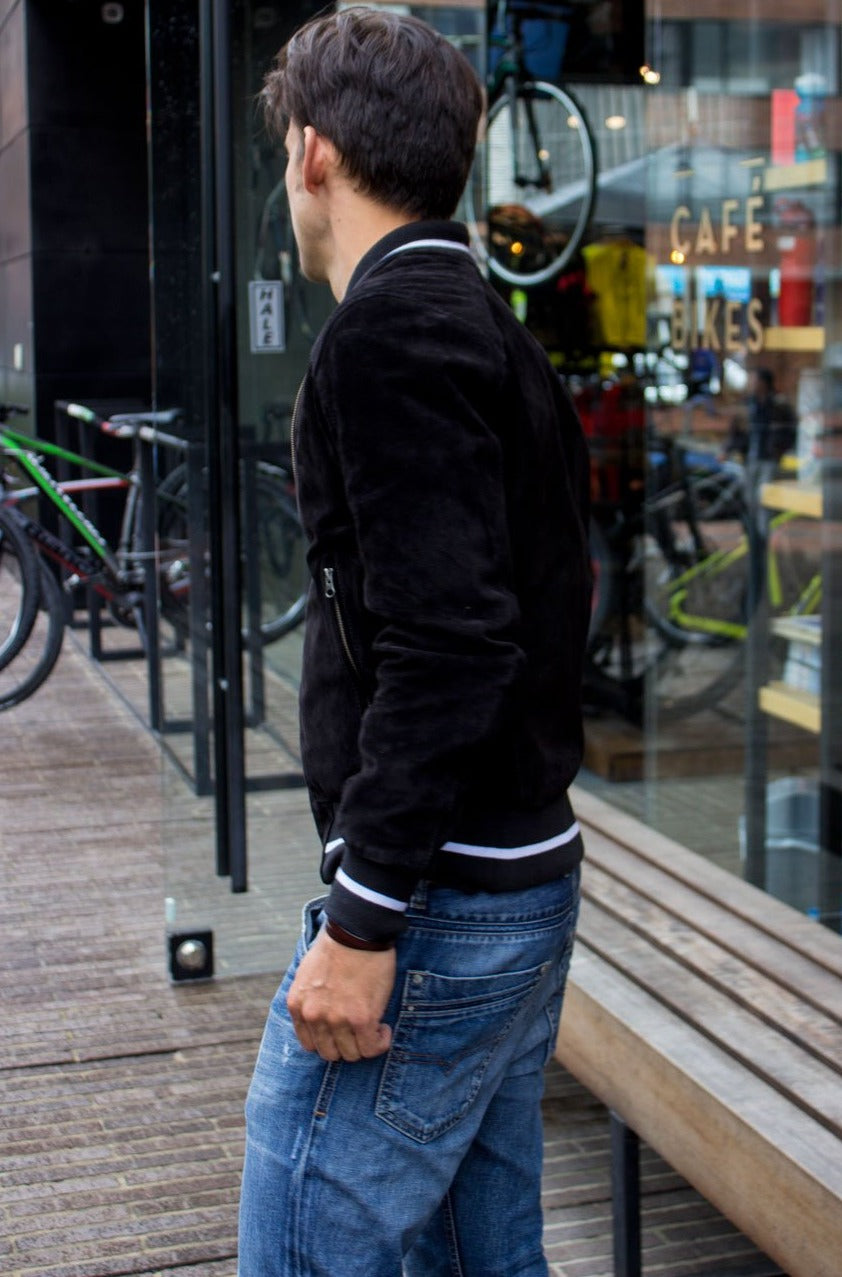 CHICAGO Bomber Jacket in Suede - Black - Baseball White Stripes - PDCollection Leatherwear - Online Shop