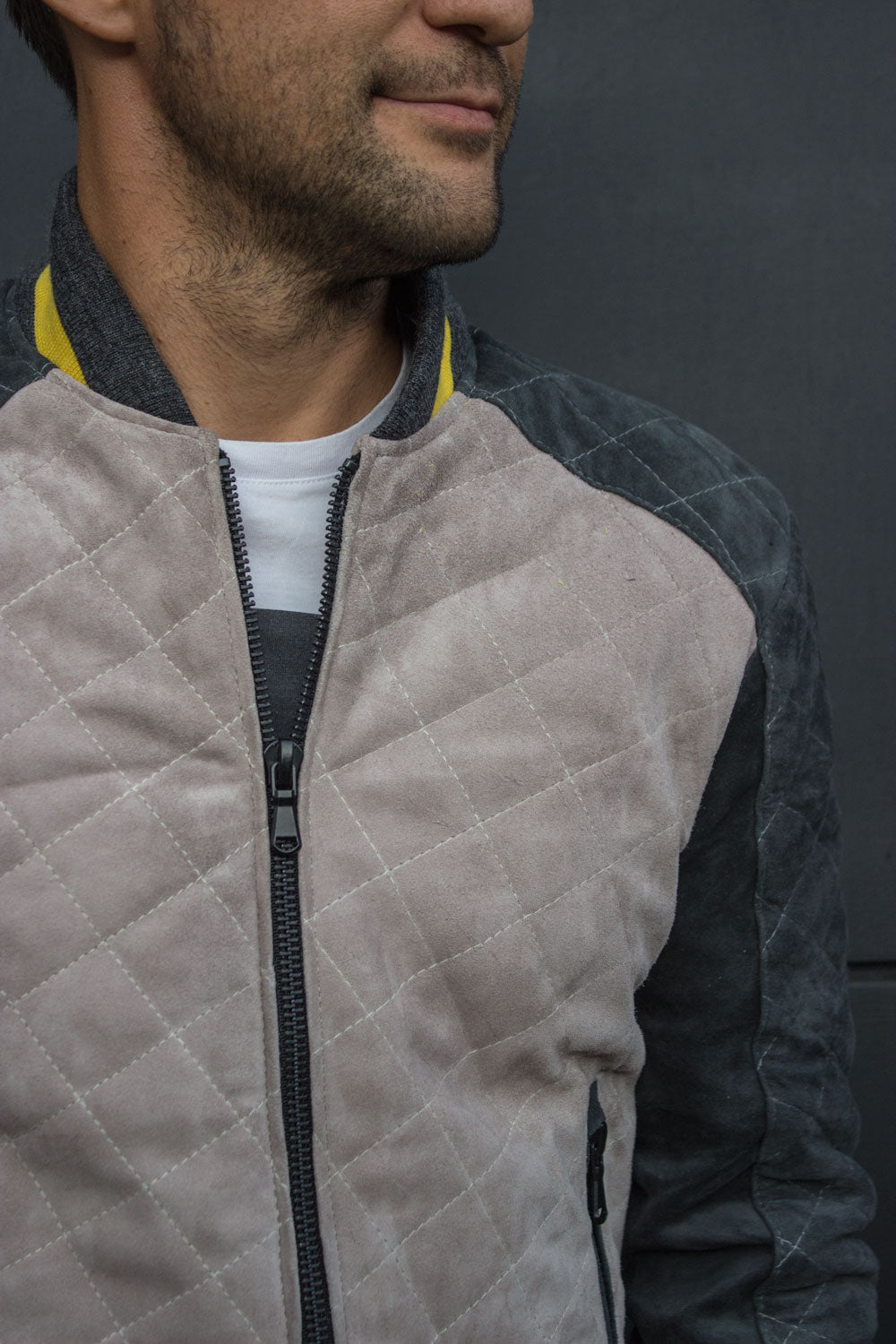 PARAMOUNT Bomber Jacket in Suede - Beige & Green - Yellow Stripes - PDCollection Leatherwear - Online Shop