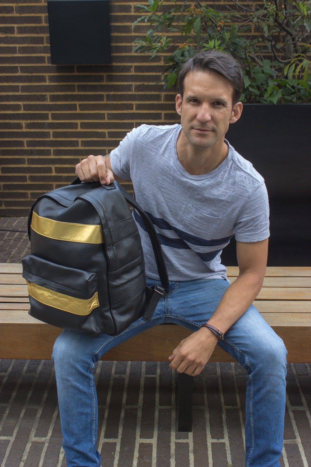 GOLD LB Leather Bag backpack in Black and gold stripes - PDCollection Leatherwear - Online Shop