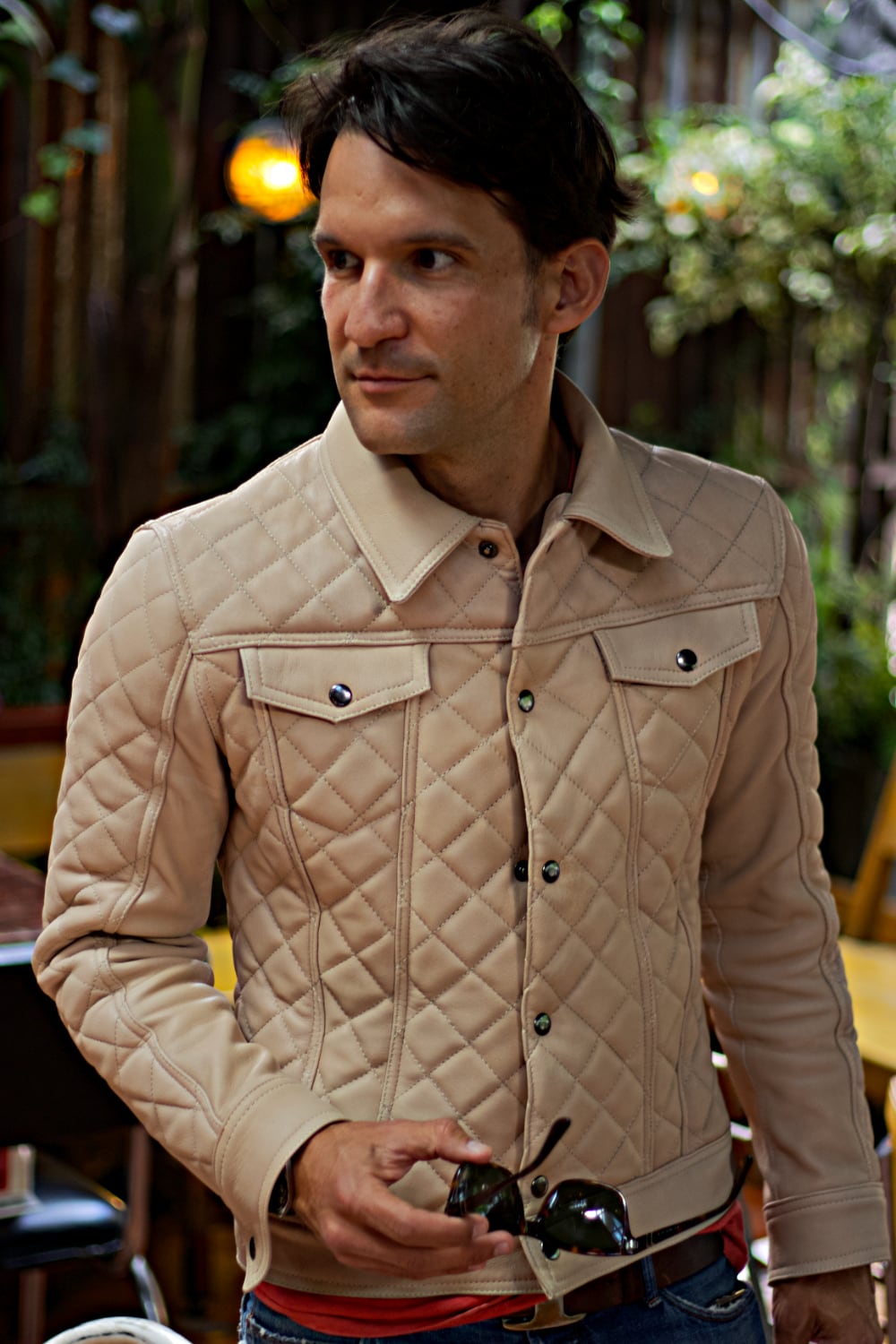 TENNESSEE Fancy Trucker Jacket in Raw Code Quilted Leather - Beige - TENNESSEE Fancy Trucker Jacket in Raw Code Quilted Leather - Beige -