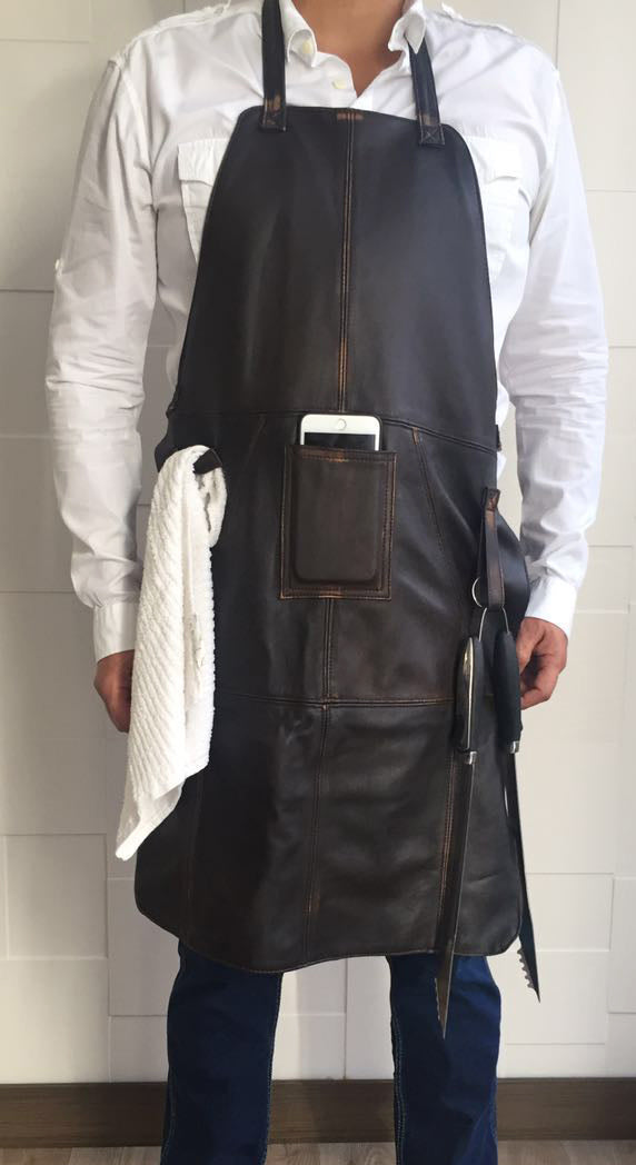 JAMES Leather Grilling cellphone Apron Distressed Brown - Personalized Embroidery- Cellphone Pocket - PDCollection Leatherwear - Online Shop