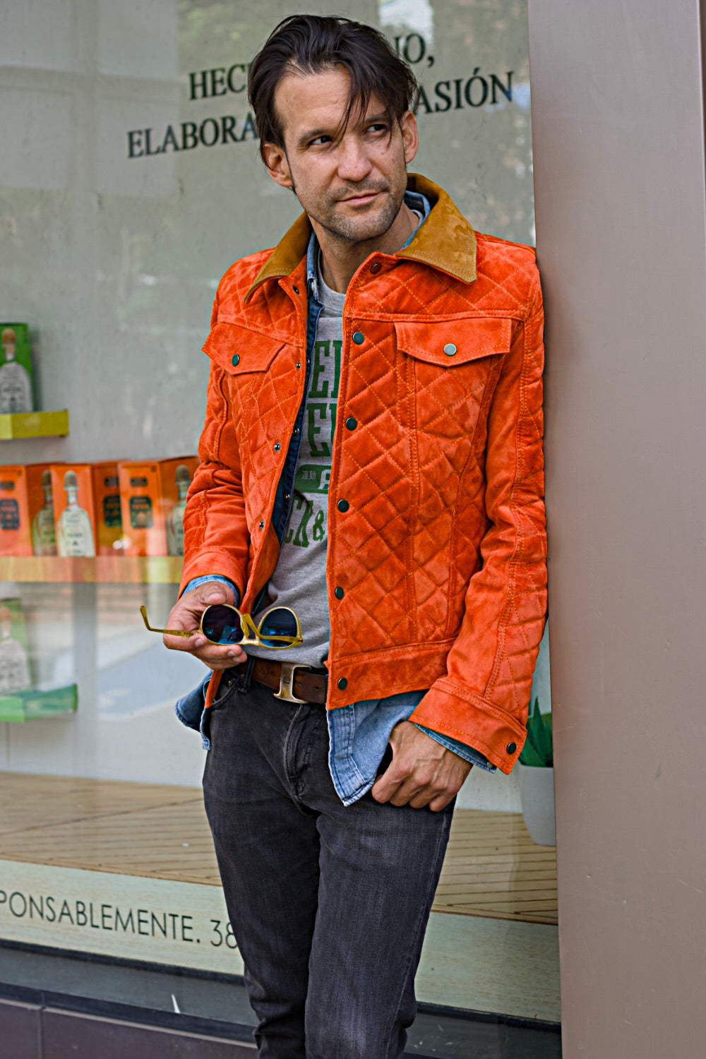 TENNESSEE AX Fancy Suede  Trucker Jacket in Raw Orange Quilted
