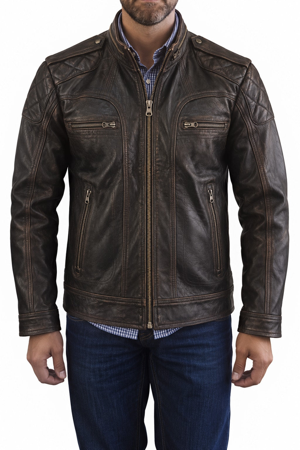 2018 AXQ Leather Jacket Distressed Black Quilted Diamoned