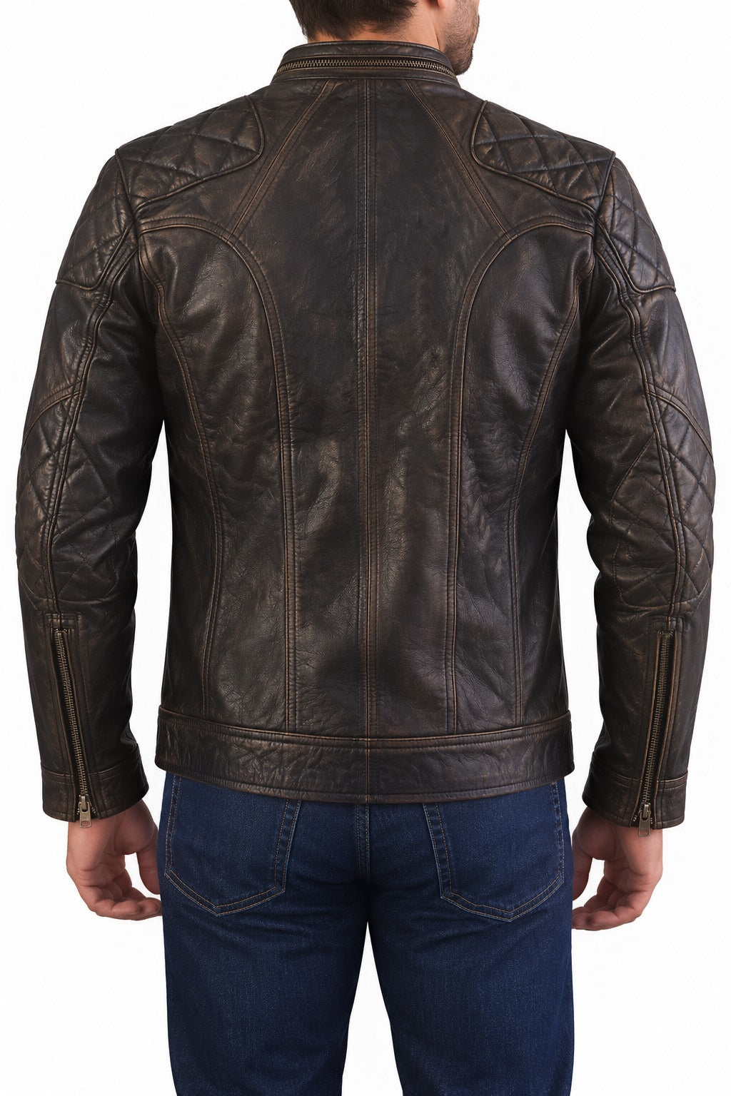 2018 AXQ Leather Jacket Distressed Black Quilted Diamoned