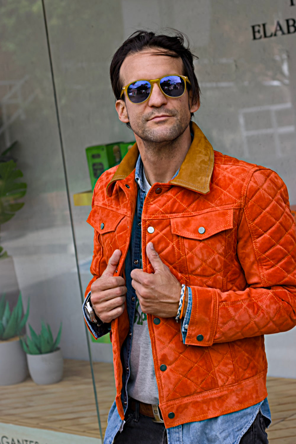 TENNESSEE AX Fancy Suede  Trucker Jacket in Raw Orange Quilted