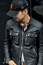 MI6 Leather Jacket - Black Double Cargo Pockets Stone-washed processed