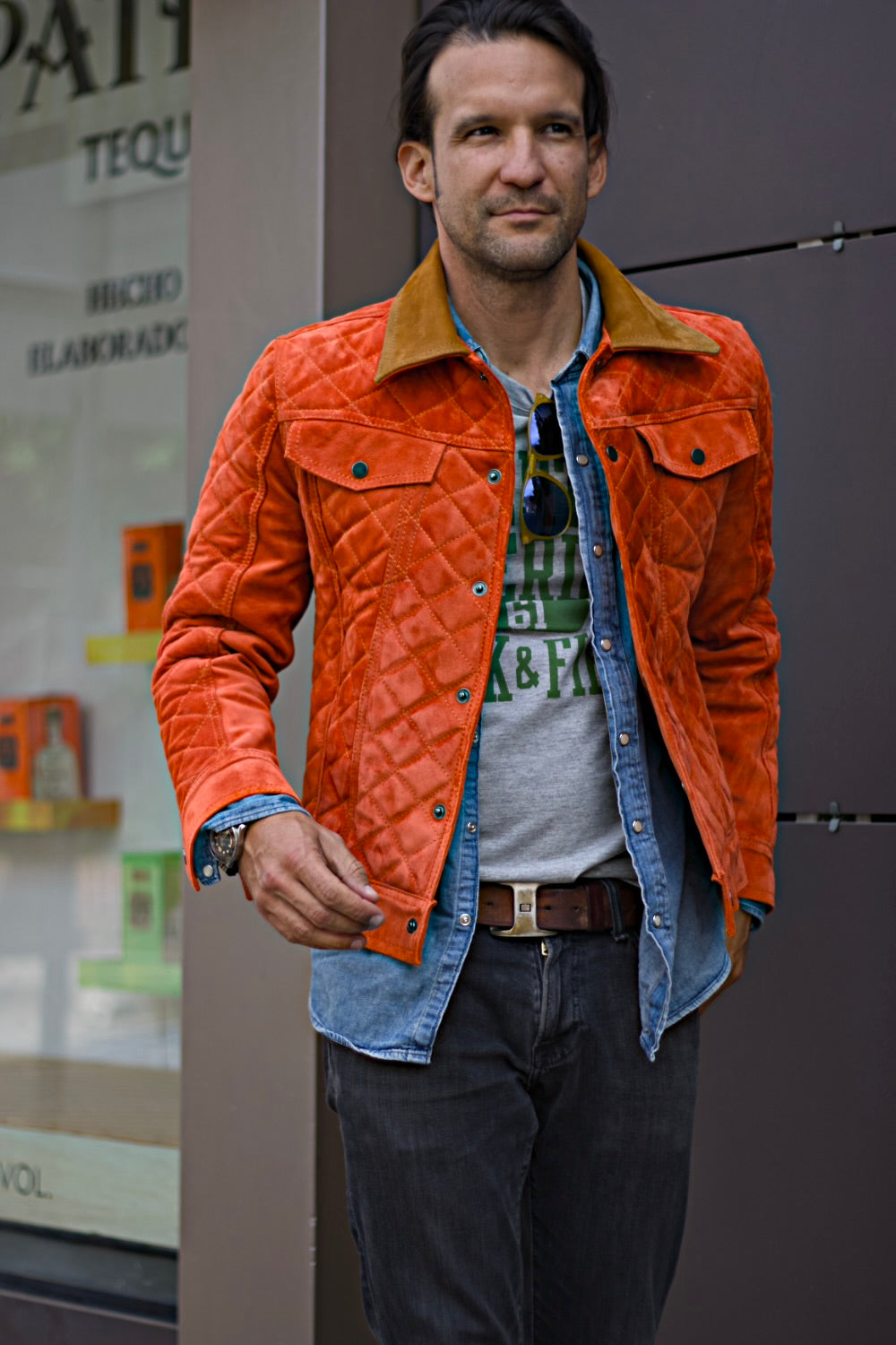 TENNESSEE AX Fancy Suede  Trucker Jacket in Raw Orange Quilted