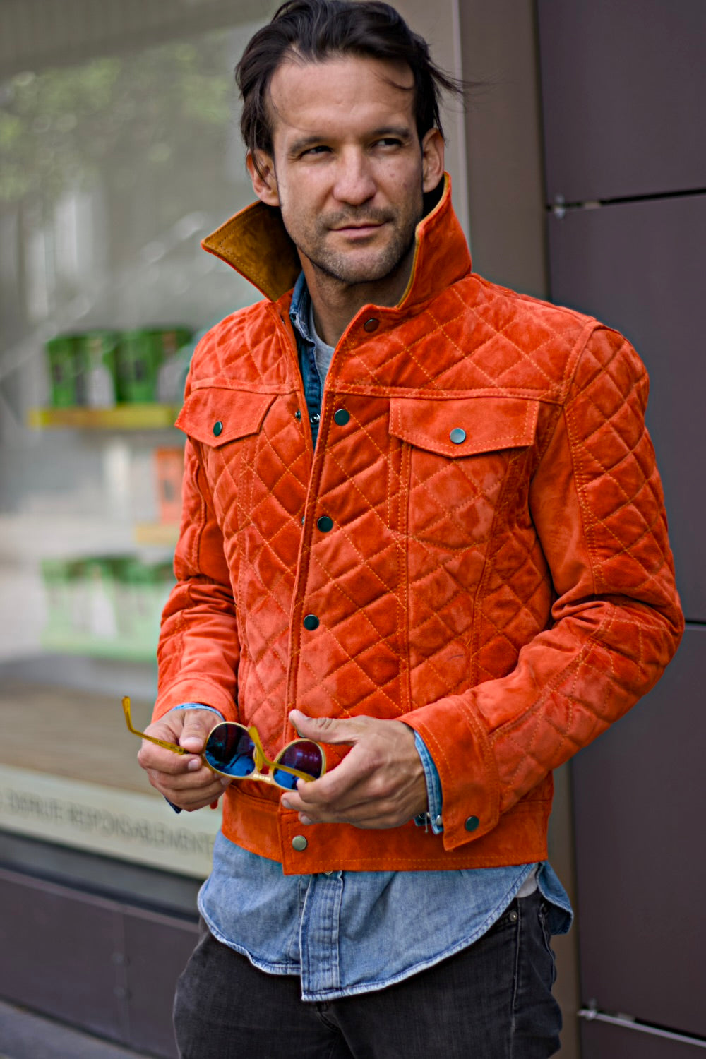 TENNESSEE AX Fancy Suede  Trucker Jacket in Raw Orange Quilted