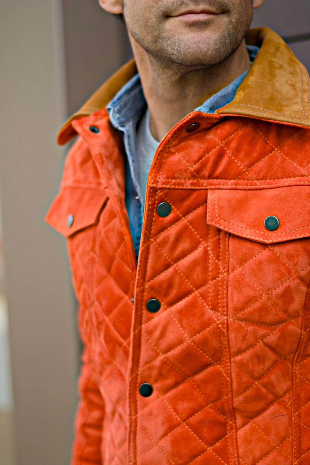 TENNESSEE AX Fancy Suede  Trucker Jacket in Raw Orange Quilted