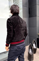 CHICAGO II Bomber Jacket in Suede - Black - Red Stripes