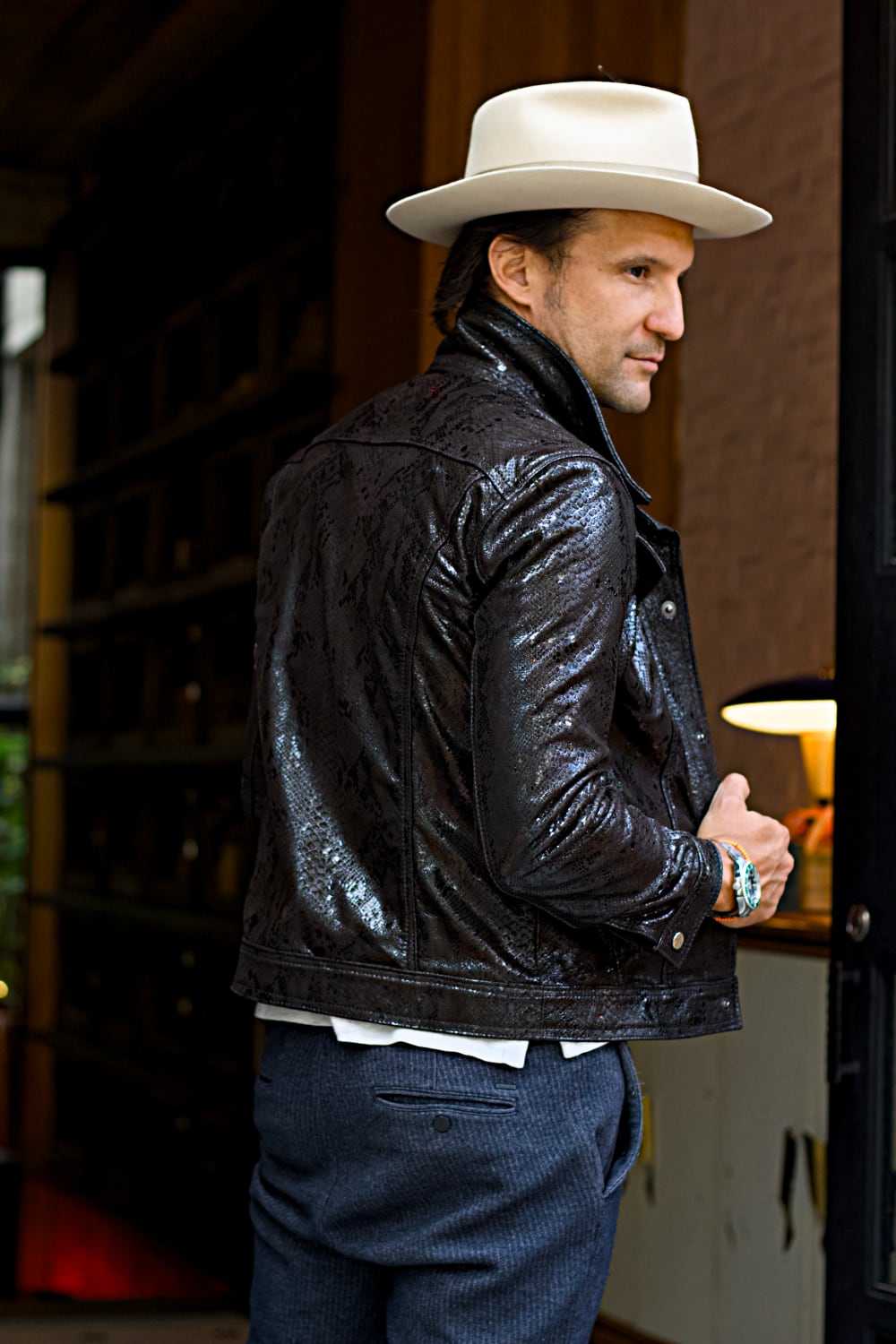 SNK Shiny Snake embossed Trucker Jacket in Black Leather -