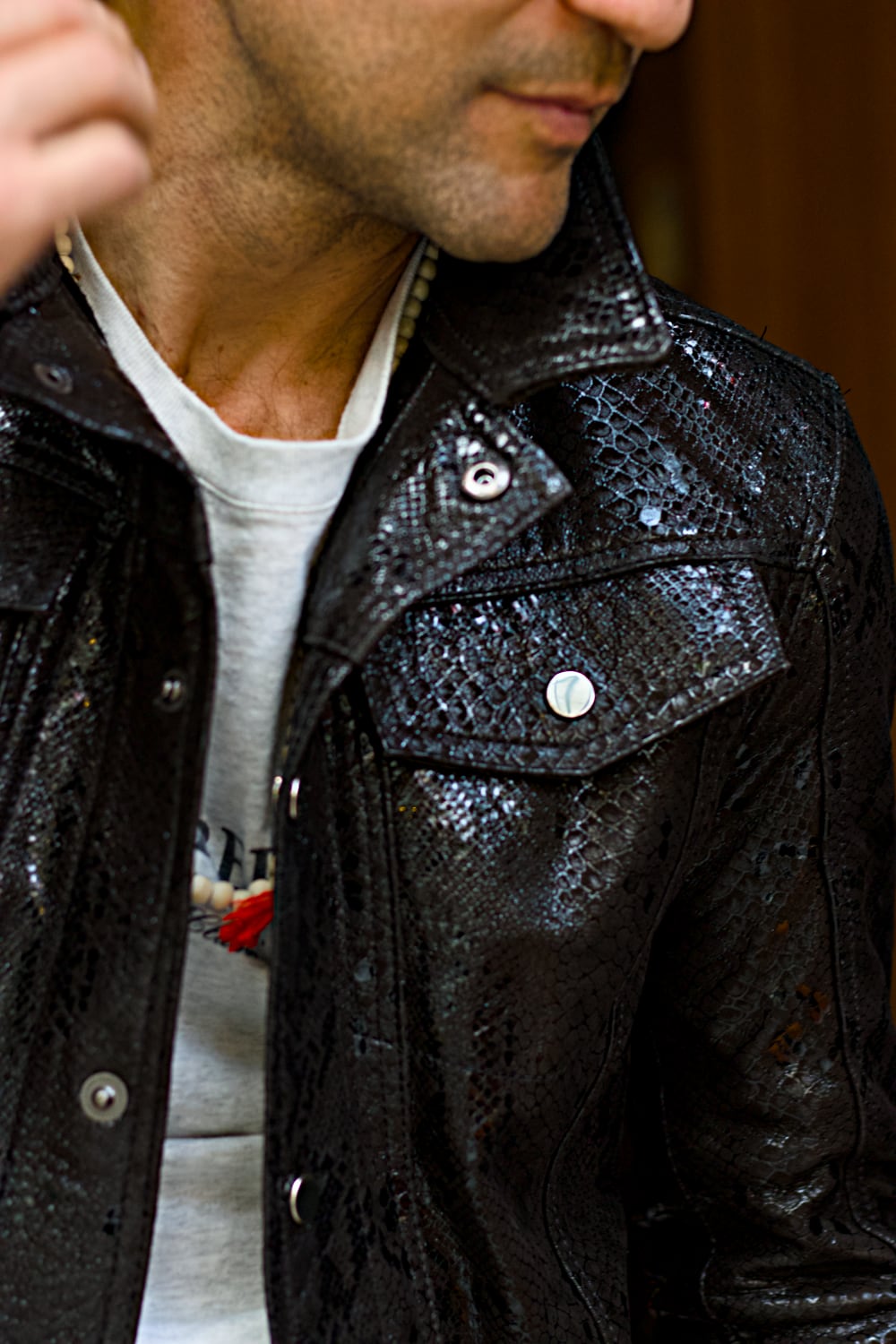 SNK Shiny Snake embossed Trucker Jacket in Black Leather -