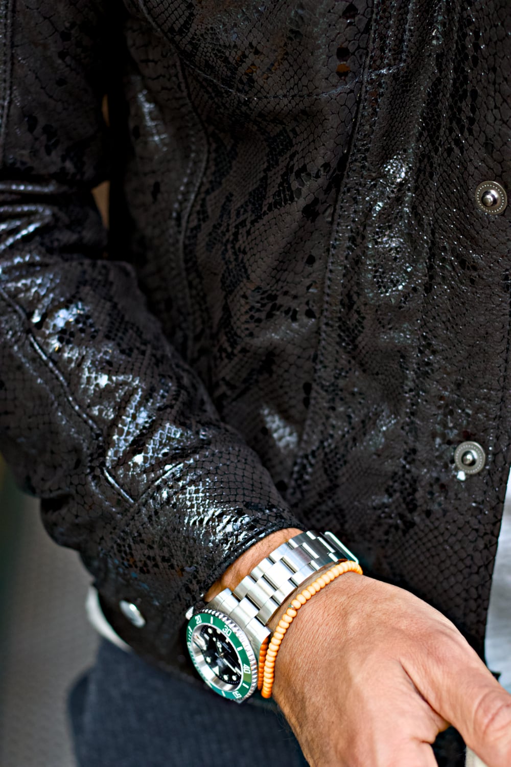 SNK Shiny Snake embossed Trucker Jacket in Black Leather -