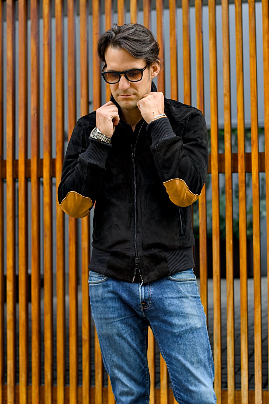 LAFAYETTE Suede Bomber Jacket Black & Black Zips with Brown Elbow pads Mens