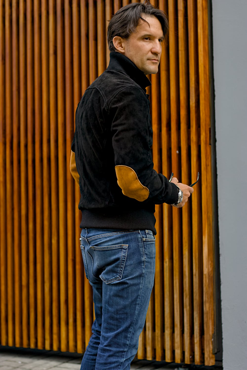LAFAYETTE Suede Bomber Jacket Black & Black Zips with Brown Elbow pads Mens