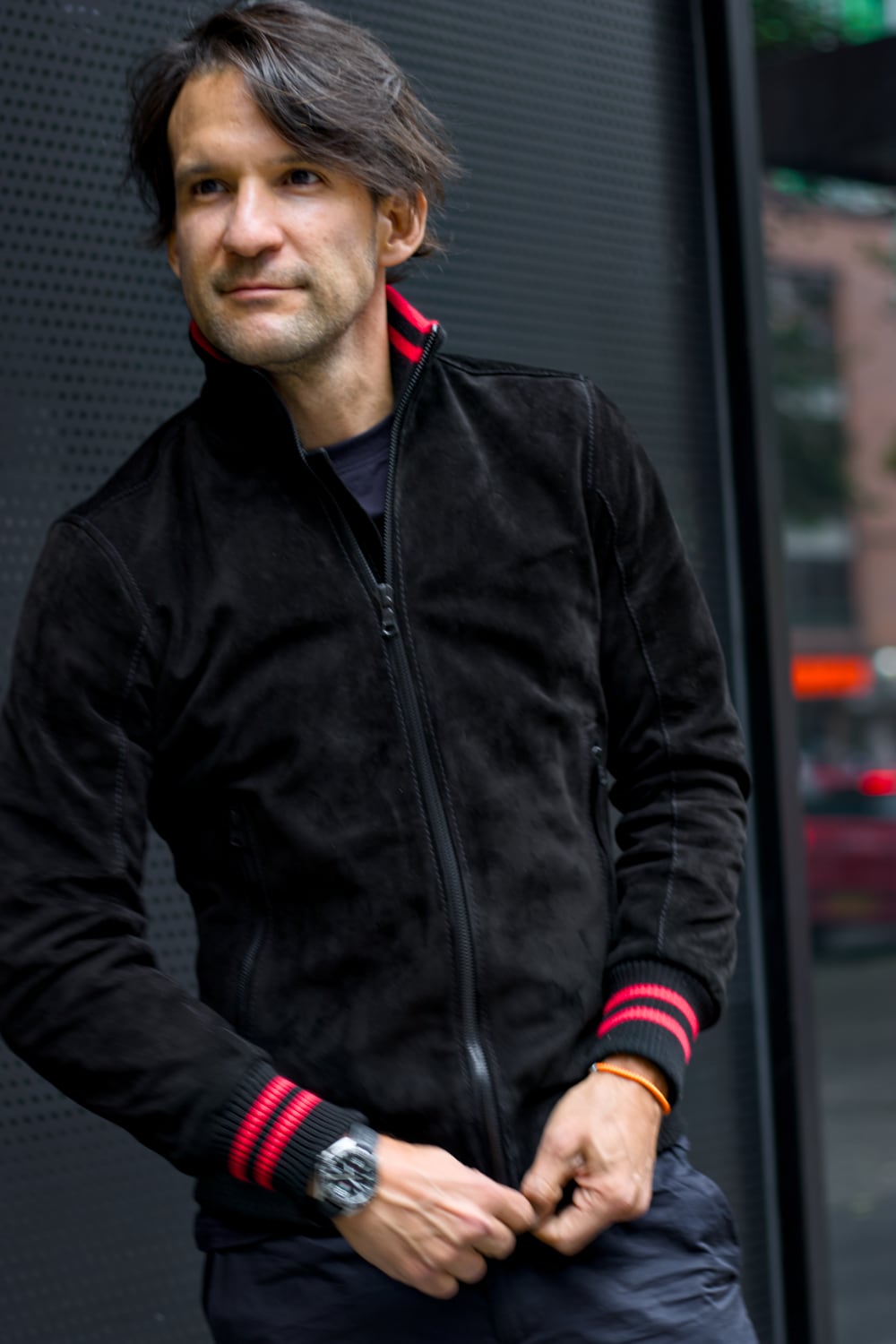 CHICAGO II Bomber Jacket in Suede - Black - Red Stripes