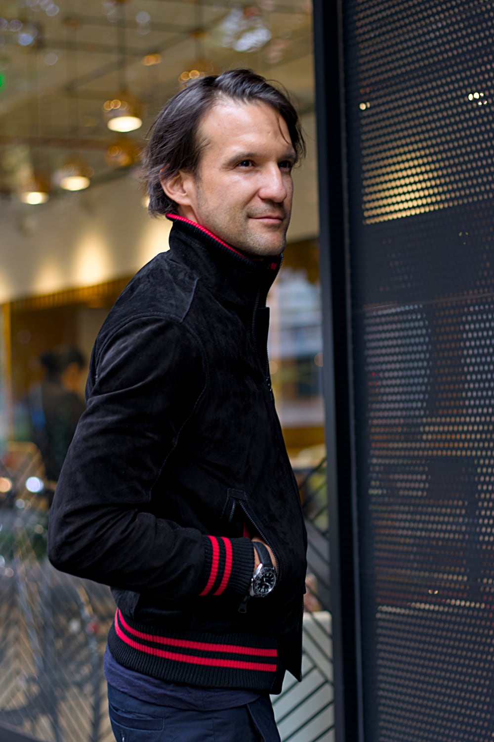 CHICAGO II Bomber Jacket in Suede - Black - Red Stripes