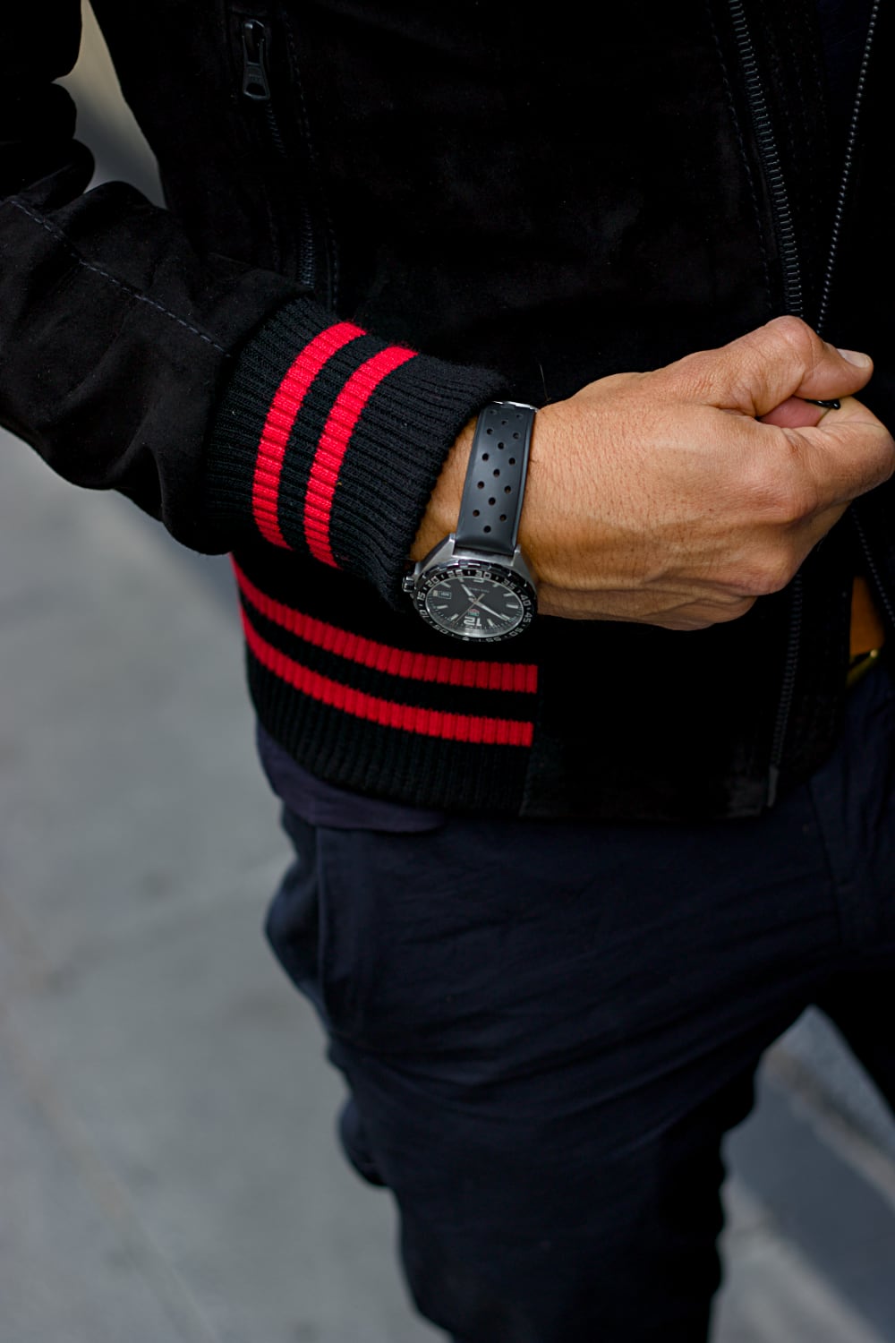 CHICAGO II Bomber Jacket in Suede - Black - Red Stripes