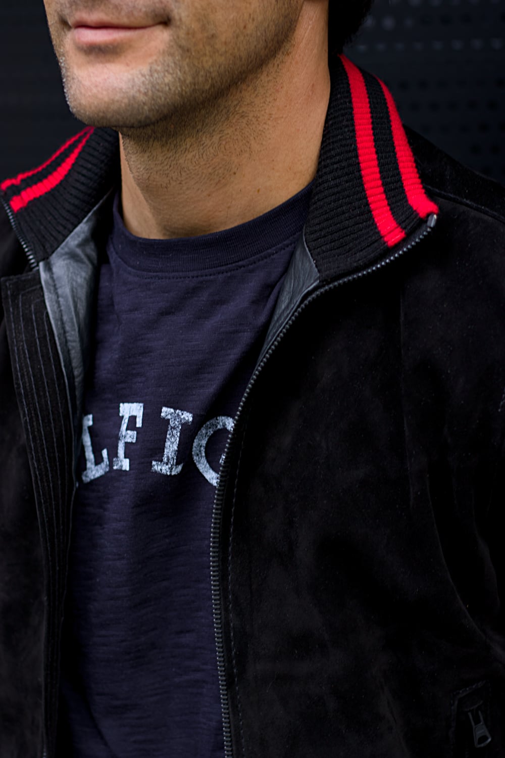 CHICAGO II Bomber Jacket in Suede - Black - Red Stripes