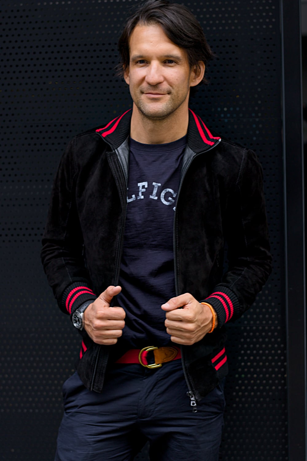 CHICAGO II Bomber Jacket in Suede - Black - Red Stripes