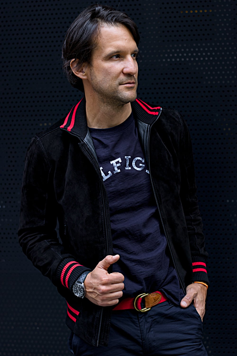 CHICAGO II Bomber Jacket in Suede - Black - Red Stripes