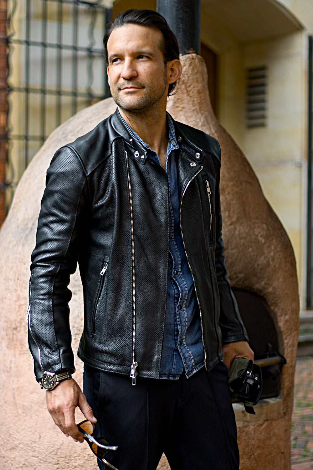 LOTUS Leather jacket Perforated and Solid Black - Mens