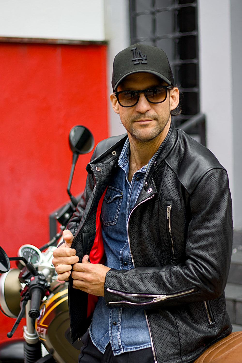 LOTUS Leather jacket Perforated and Solid Black - Mens