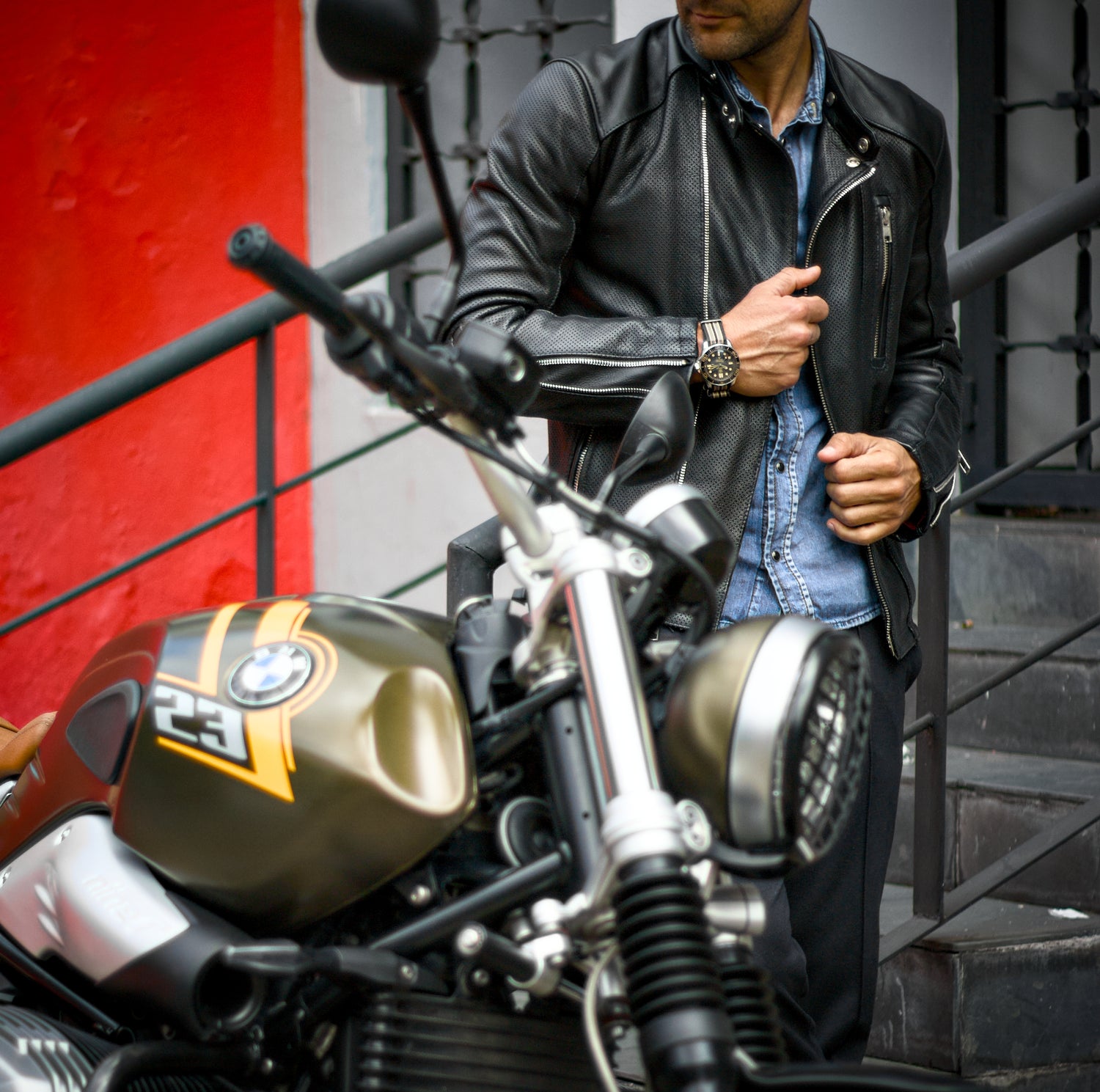 LOTUS Leather jacket Perforated and Solid Black - Mens