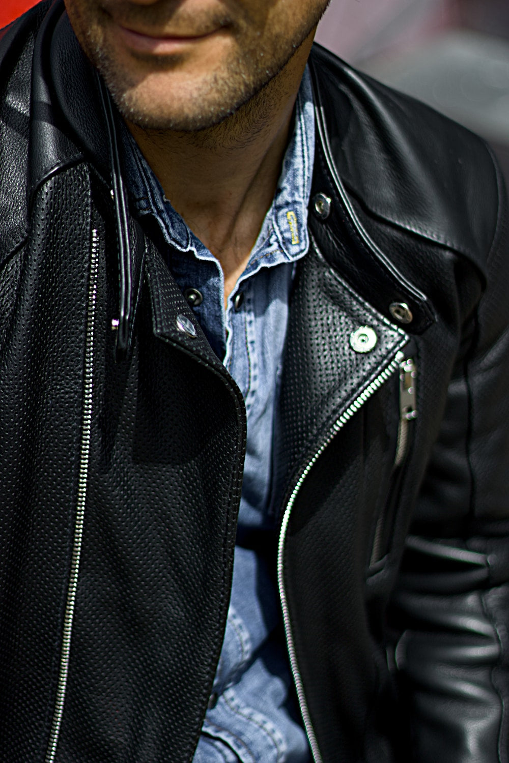 LOTUS Leather jacket Perforated and Solid Black - Mens