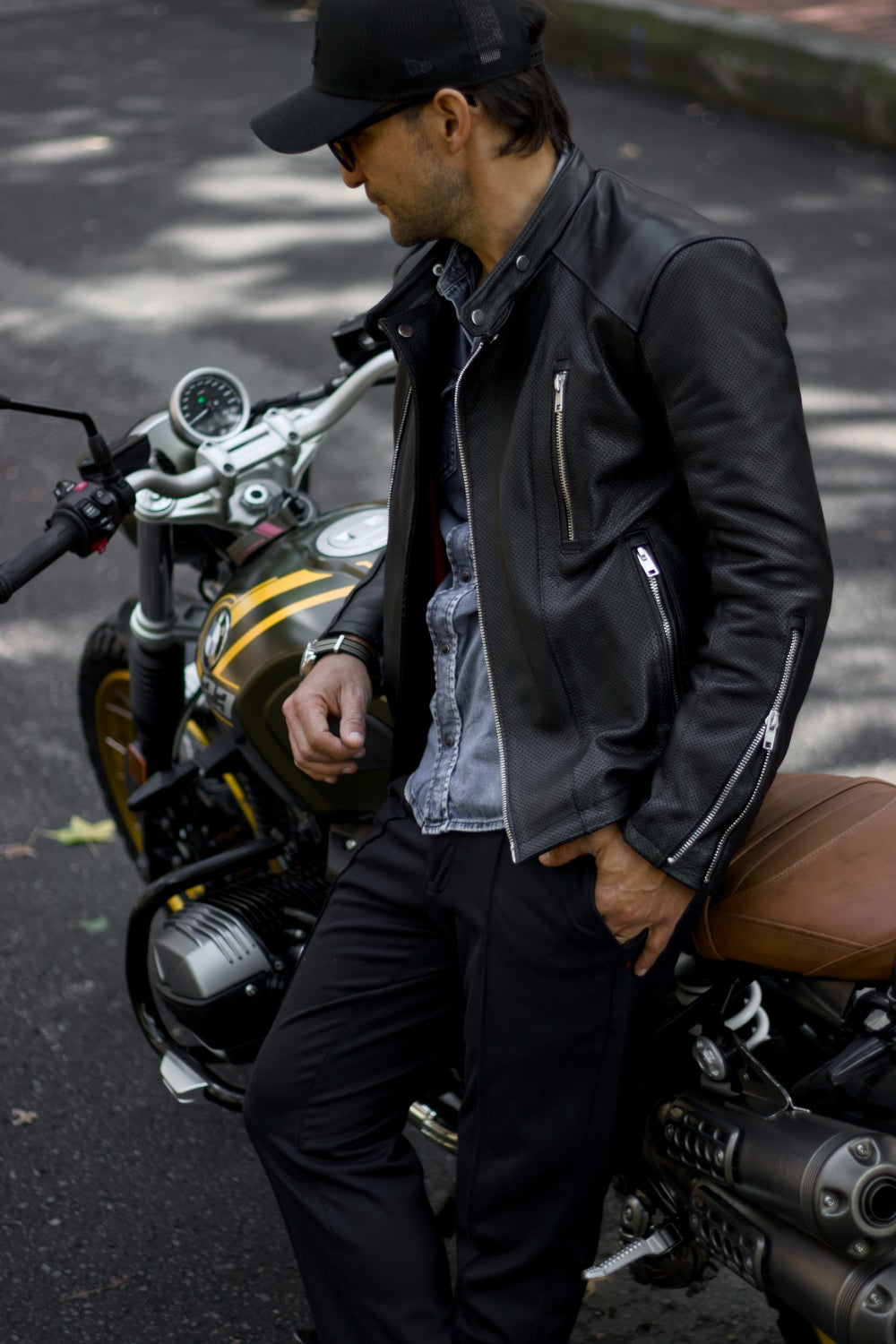 LOTUS Leather jacket Perforated and Solid Black - Mens