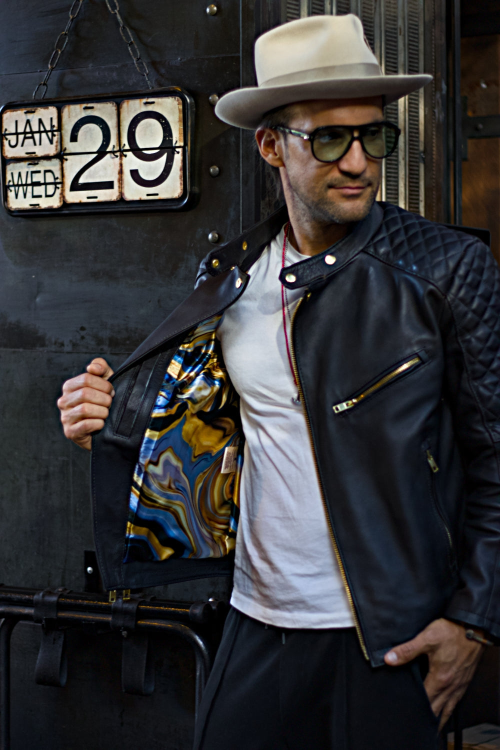 GOLD 25 Leather Jacket Black Quilted with abstract inside