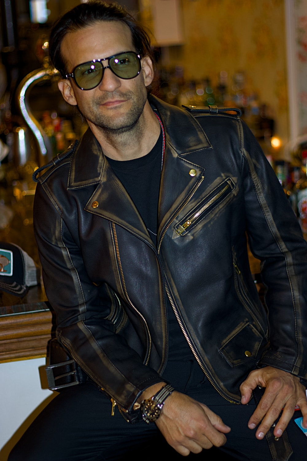 GOLD Biker Leather Jacket in Distressed Brown Antique Black - Golden Two-way Zippers