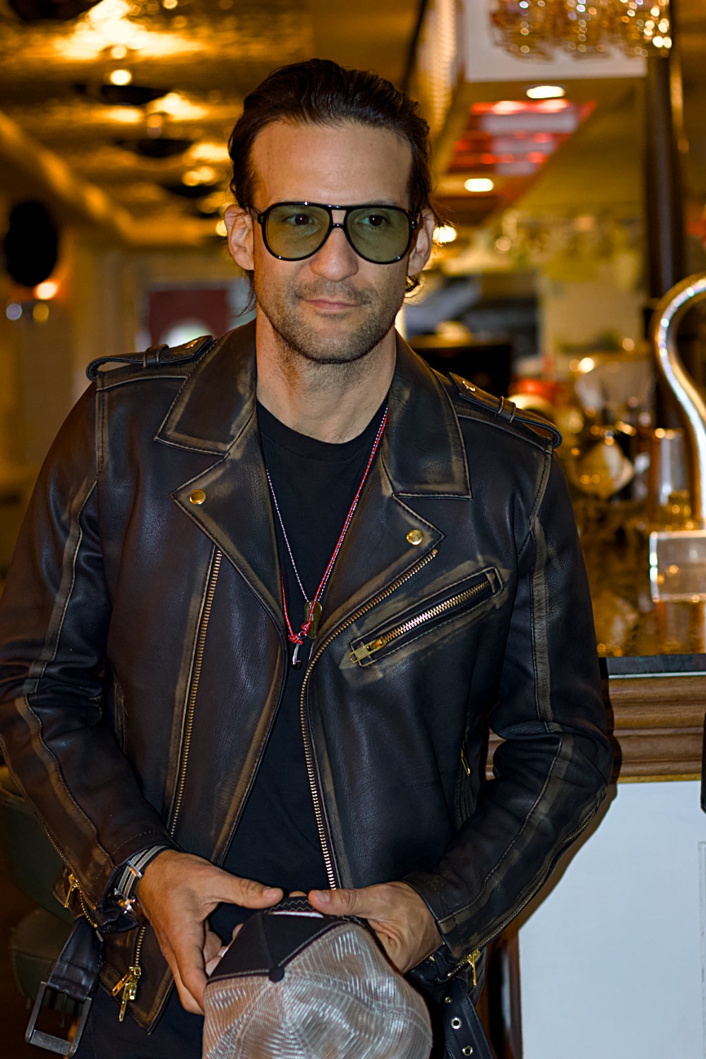 GOLD Biker Leather Jacket in Distressed Brown Antique Black - Golden Two-way Zippers